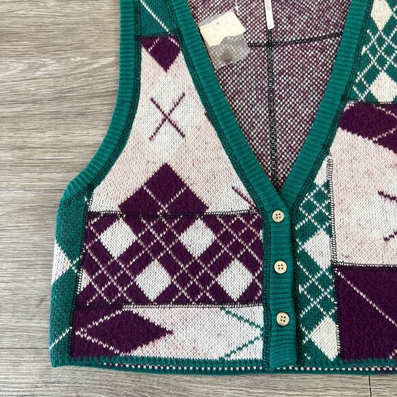 Free People Camilla Button Down Vest Plum Pine Combo Argyle Plaid Print (Sz S) - Picture 9 of 10